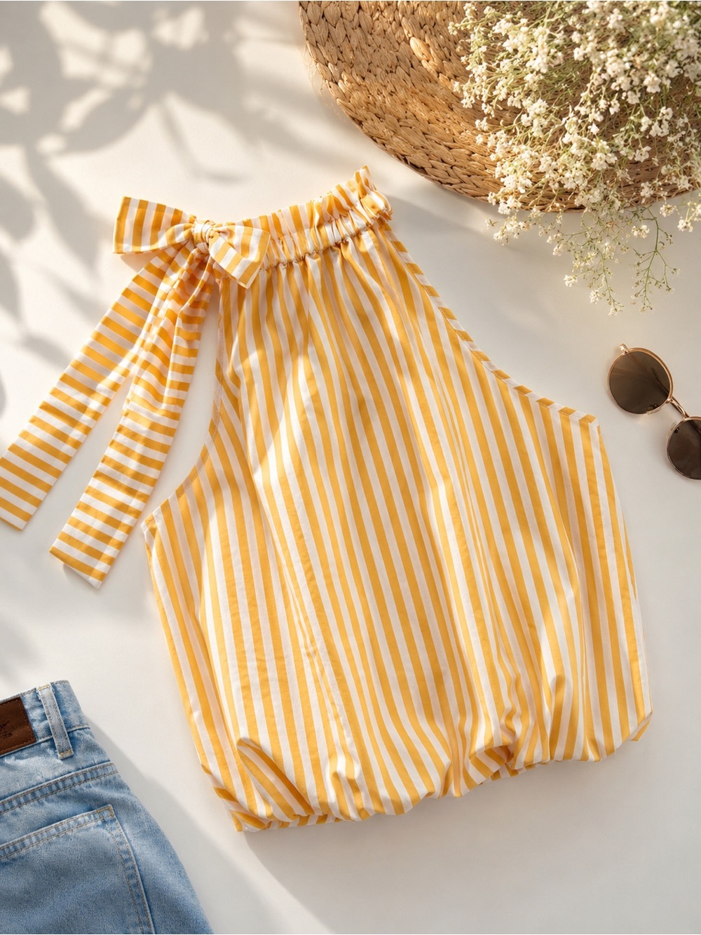 Zara Yellow White Striped Halter Tie-Neck Top